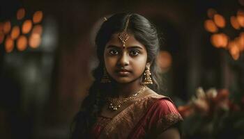 sur de soi Jeune Indien femme dans traditionnel sari dégage élégance et beauté généré par ai photo