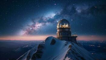 en train de regarder majestueux étoile champ par astronomie télescope sur Montagne de pointe généré par ai photo