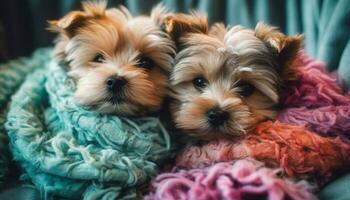 mignonne Yorkshire terrier chiot séance sur genoux, à la recherche à caméra généré par ai photo