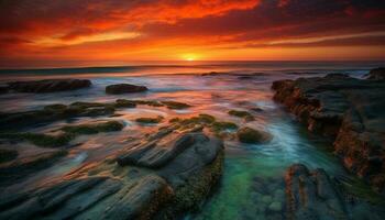 le tranquille le coucher du soleil plus de le rocheux littoral a été à couper le souffle magnifique généré par ai photo