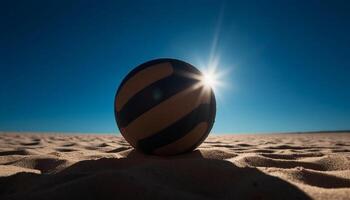 une rayé plage Balle Rouleaux sur le le sable dune cercle généré par ai photo