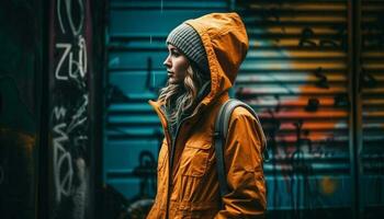 une à la mode Jeune femme dans une encapuchonné veste en marchant en toute confiance en plein air généré par ai photo