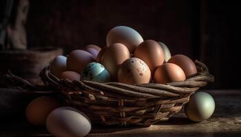 rustique panier de biologique œufs, une symbole de printemps fête généré par ai photo