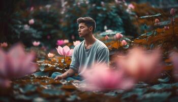 un adulte homme travail en plein air, à la recherche à arbre dans l'automne généré par ai photo