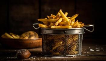 une rustique repas de Profond frit français frites sur une en bois table généré par ai photo