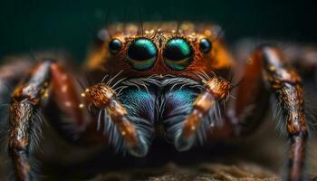 effrayant arachnide poilu jambe et multi coloré aile dans extrême proche en haut généré par ai photo
