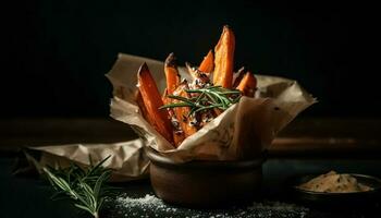 une gourmet végétarien repas avec Frais biologique Ingrédients sur rustique bois généré par ai photo