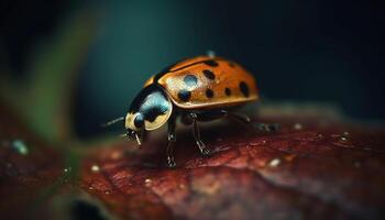 Pointé coccinelle rampe sur vert feuille, beauté dans la nature généré par ai photo