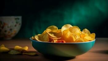 une croquant empiler de mauvais pour la santé frit Patate frites sur table généré par ai photo