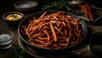 une rustique gourmet repas de Profond frit porc et croquant des légumes généré par ai photo