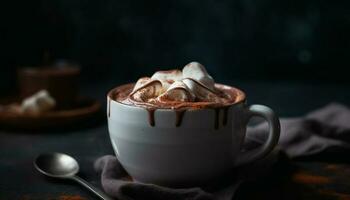 indulgent fait maison chaud Chocolat avec fouetté crème et guimauve décoration généré par ai photo