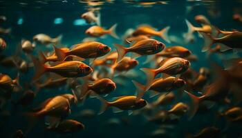 une école de poisson nage dans le Profond bleu récif généré par ai photo