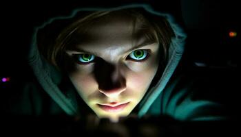 une effrayant portrait de une Jeune adulte regarder dans obscurité généré par ai photo