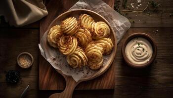 une fait maison gourmet repas sur une rustique en bois table généré par ai photo