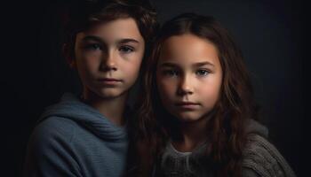 deux mignonne frères et sœurs, une frère et sœur, souriant pour portrait généré par ai photo