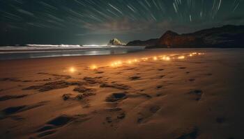 le tranquille scène de le illuminé littoral en dessous de étoilé ciels généré par ai photo