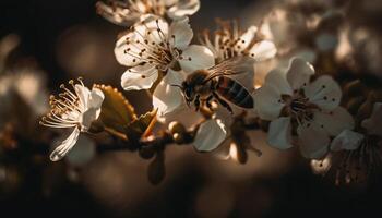 une abeille pollinise une Jaune fleur sur une Frais printemps journée généré par ai photo