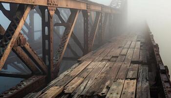 vieux passerelle plus de tranquille eau, une disparition point dans la nature généré par ai photo