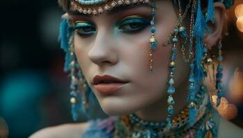 magnifique Jeune femme dégage élégance et sensualité avec or bijoux généré par ai photo