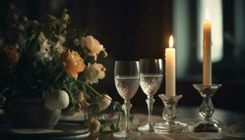 élégant mariage fête avec Champagne, chandelle, et romantique fleurs généré par ai photo