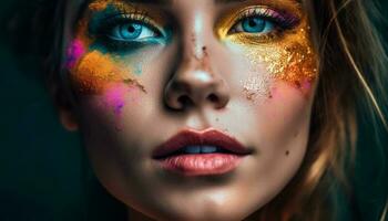 une Jeune femme beauté illuminé par vibrant couleurs et briller généré par ai photo