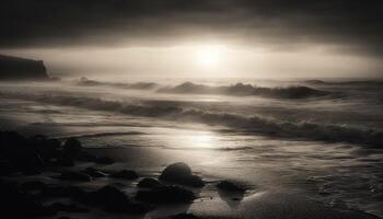 le tranquille scène de le littoral à crépuscule, vagues rupture généré par ai photo