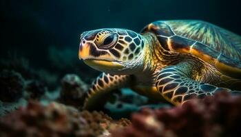 proche en haut de une mignonne mer tortue nager dans tropical des eaux généré par ai photo