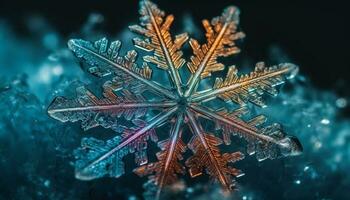 cristal flocons de neige scintillait sur glacé branches, hiver fleuri décoration généré par ai photo