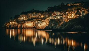 le illuminé pêche village reflète sur le tranquille paysage marin à crépuscule généré par ai photo