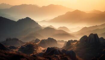 majestueux Montagne de pointe silhouette contre tranquille le coucher du soleil ciel, Stupéfiant beauté généré par ai photo