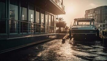 conduite ancien voiture sur front de mer, admiratif le coucher du soleil et paysage urbain généré par ai photo