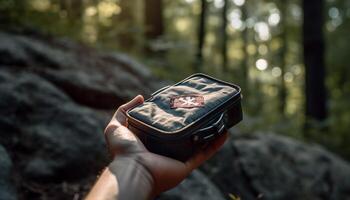 randonnée par le forêt, un la personne en portant équipement, explorant la nature généré par ai photo