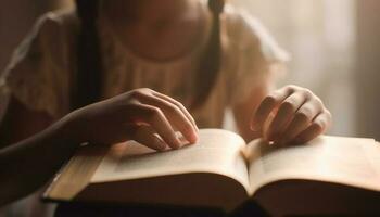 un femme en train de lire une Bible, en portant sagesse et spiritualité proche généré par ai photo