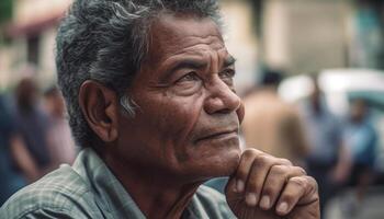 Sénior caucasien homme souriant, se concentrer sur premier plan, exsudant sagesse et bonheur généré par ai photo