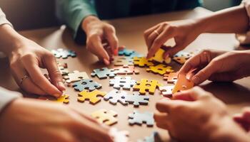 une groupe de gens travail ensemble à résoudre une puzzle généré par ai photo