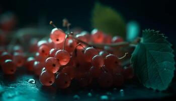 mûr framboise gouttes luire dans rosée sur vert branche en plein air généré par ai photo