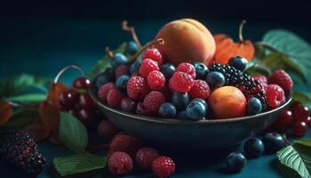 une rustique bol de juteux baie des fruits, une en bonne santé casse-croûte généré par ai photo