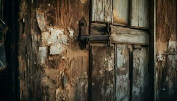 rouillé cadenas sur vieux patiné porte dans rural Grange entrée généré par ai photo