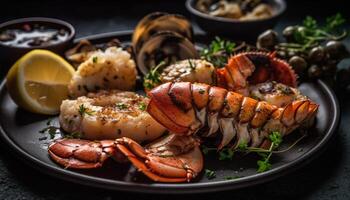 grillé Fruit de mer brochette avec crevette, langoustines, et filet filets généré par ai photo