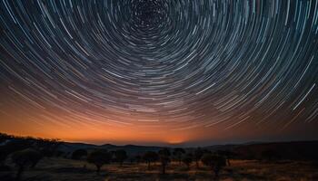 tranquille scène illuminé par étoile Piste dans Naturel phénomène modèle généré par ai photo