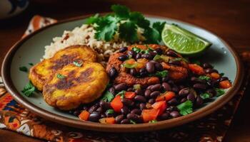 en bonne santé gourmet repas grillé Viande, Frais légumes, et fait maison guacamole taco généré par ai photo