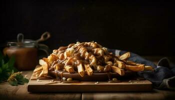 une fait maison amande croissant sur une rustique en bois Coupe planche généré par ai photo