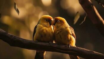 deux mignonne perruches se percher sur une branche dans la nature beauté généré par ai photo