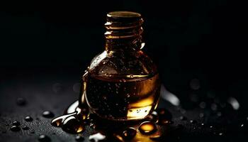 d'or laissez tomber de aromathérapie pétrole sur verre Fiole, reflétant fraîcheur généré par ai photo