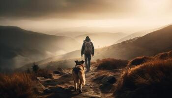 un la personne randonnée avec chien jouit tranquille Montagne le coucher du soleil silhouette généré par ai photo