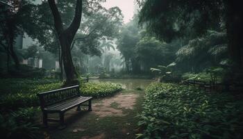 une tranquille scène dans le forêt vert feuilles, humide sentier généré par ai photo