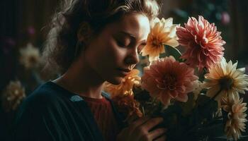une Jeune femme en portant une Frais bouquet, profiter la nature beauté généré par ai photo
