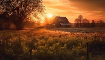 rustique Grange et ferme dans tranquille Prairie à le coucher du soleil généré par ai photo