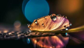 vibrant pétales réfléchir dans rosée gouttes sur Frais vert feuilles généré par ai photo