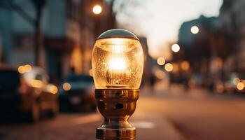 le embrasé Jaune lanterne illuminé le foncé ville rue à crépuscule généré par ai photo